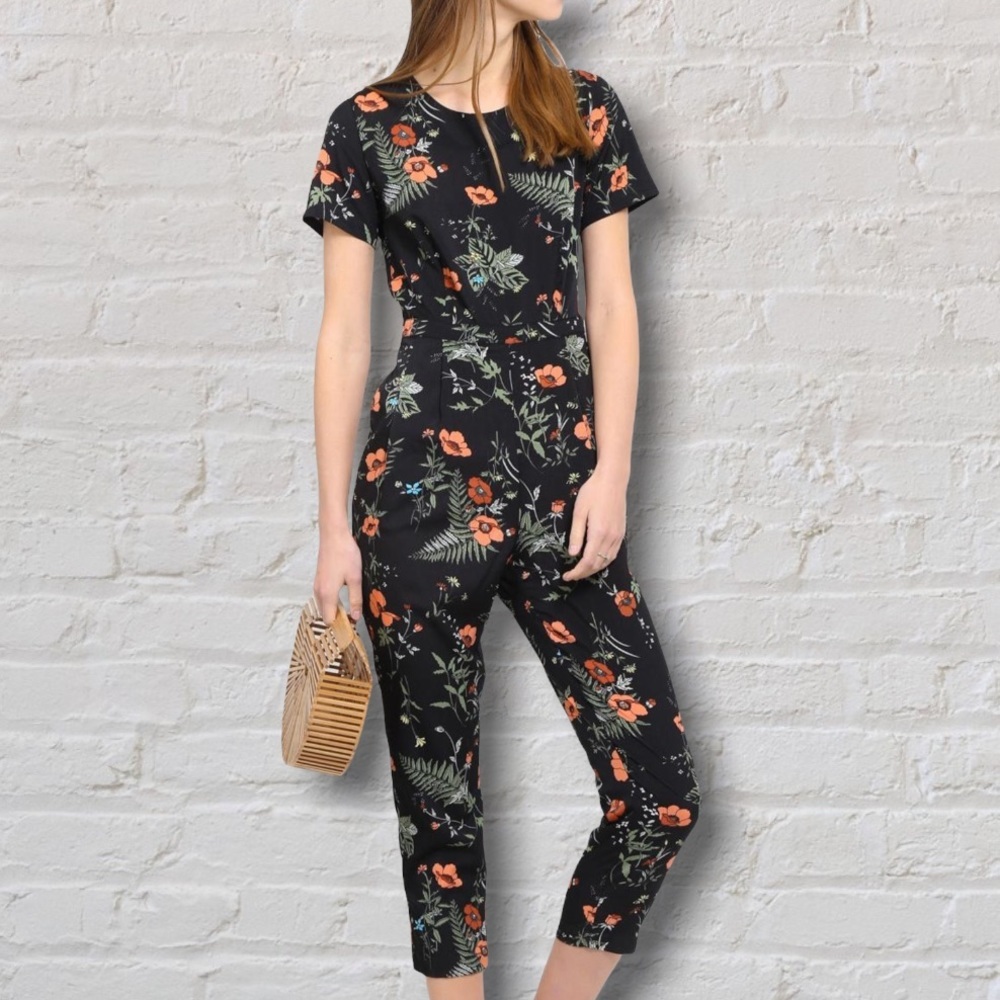 mo:vint Black Grewn Pink Floral Short Sleeve Pants Romper with Pockets